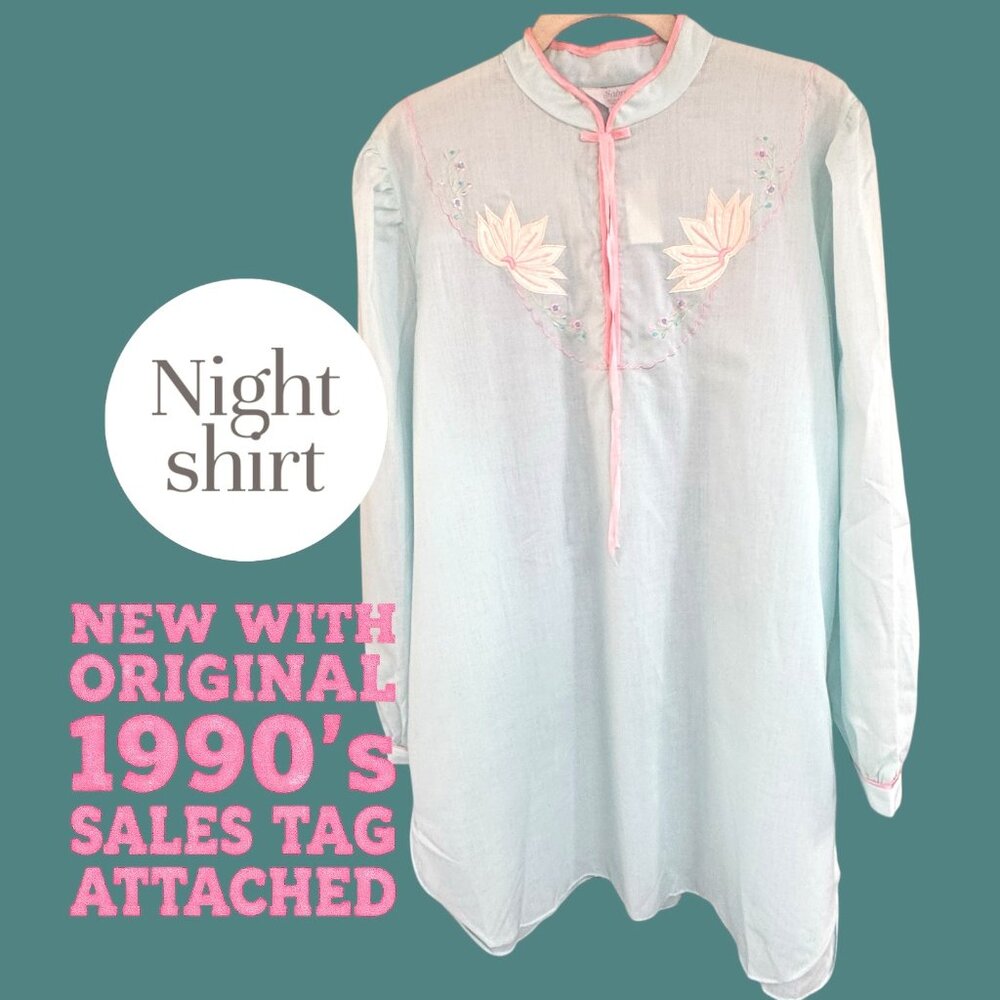 VTG WOMENS NWT GIFT READY QUALITY NIGHTGOWN LT BLUE LONG SLEEVE SZ L SHIPS FAST
